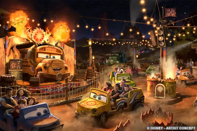 Vehicles spin about in a mock demolition derby