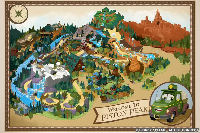 A concept painting of a Cars-themed area designed to look like a national park, complete with river, geysers, and mountain peaks in the distance.