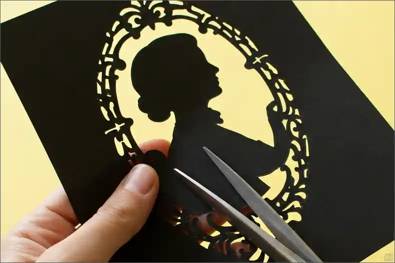 Generated image of a person's hands holding scissors and cutting a person's silhouette into a sheet of black paper.