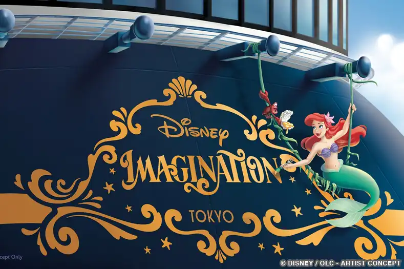 3D figures of Ariel and Sebastian decorate the back of a Disney cruise ship, seemingly painting the words "Disney Imagination Tokyo"