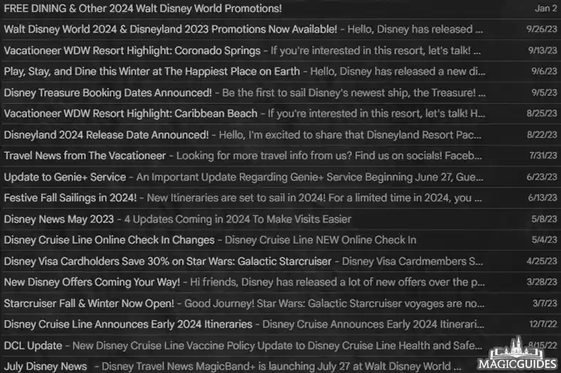 Screenshot showing marketing emails from a travel agency