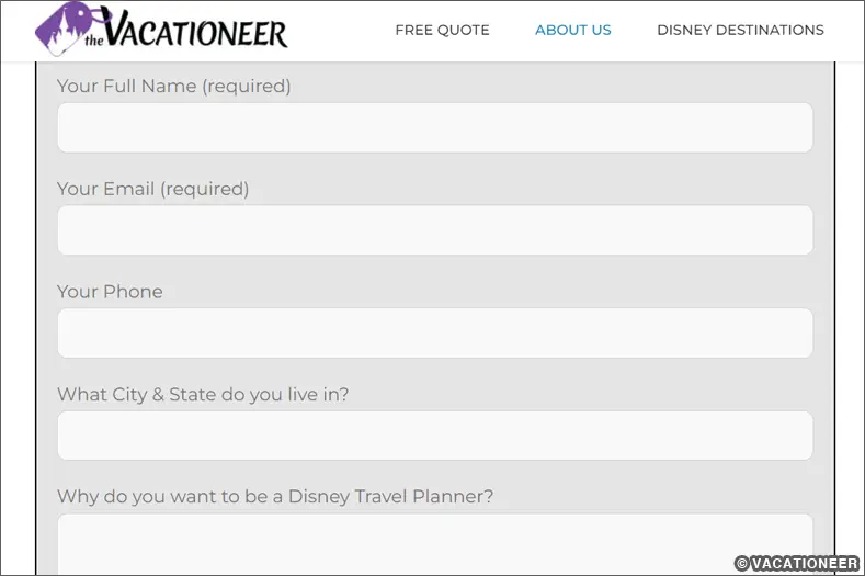 Screenshot of a Disney focused travel agency's employment application, with blanks asking for full name, email address, phone number, city/state, and why you want to be a Disney Travel Planner