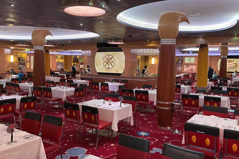 A themed dining room with columns shaped like giant paintbrushes