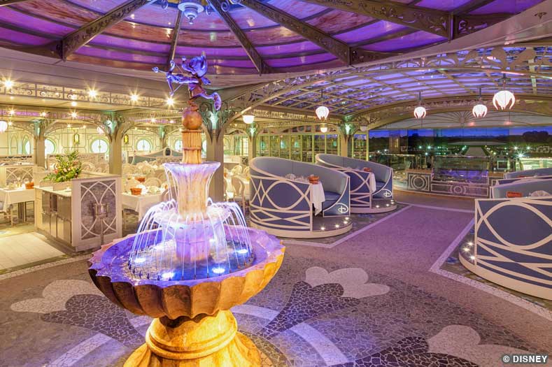 A fountain with Mickey Mouse atop serves as the centerpiece of a conservatory-themed dining room