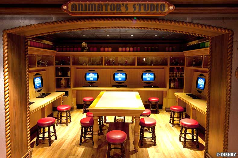 Red stools at animation tables