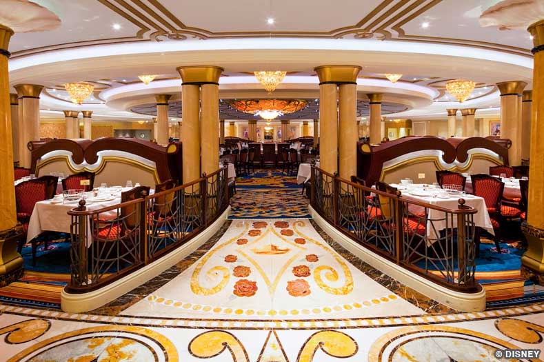 Dining tables in an elegant dining room, with a royal tile mosaic on the floor
