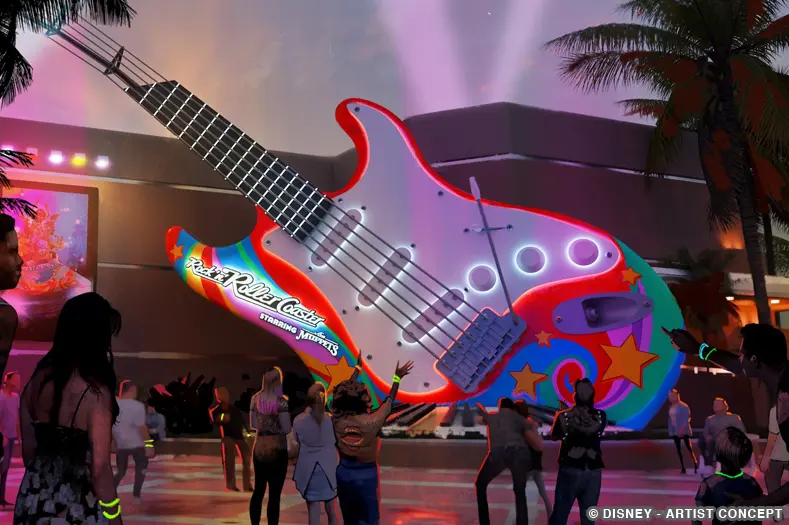 Concept art showing updates to the giant red and white guitar-shaped marquee outside of Rock 'n' Roller Coaster. A psychedelic color scheme has been added. The bridge/neck of the guitar becomes a stylized roller coaster track.